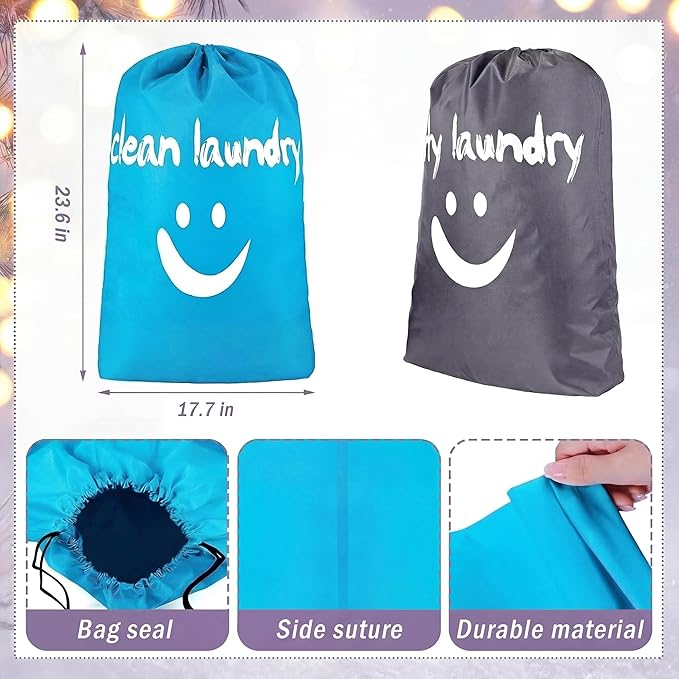 Shappy 2 Pcs XL Clean Laundry Bags Nylon Travel Laundry Bag with Drawstring Machine Washable Dirty Clothes Organizer Bag Storage Bags for Hamper or Basket, 23.6 x 17.7 Inch(Gray, Blue)