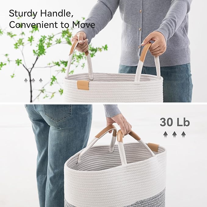 Nunsino 62L Striped Laundry Hamper with Leather Handles,Large Foldable Laundry Basket for Clothes,Cotton Rope Storage Bin for Blankets,Woven Clothes Basket for Bedroom,Gray Stripes