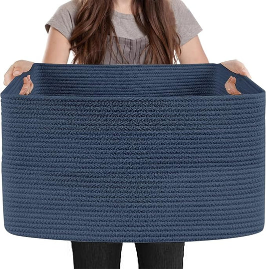 MEGASKET Extra Large Rectangle Storage Basket, 23.6" x 17" x 12" Dark Blue Blanket Storage for Living Room, Large Woven Cotton Rope Storage Box, Soft Kids Toy Basket Organizer Bin, Big Wicker Basket