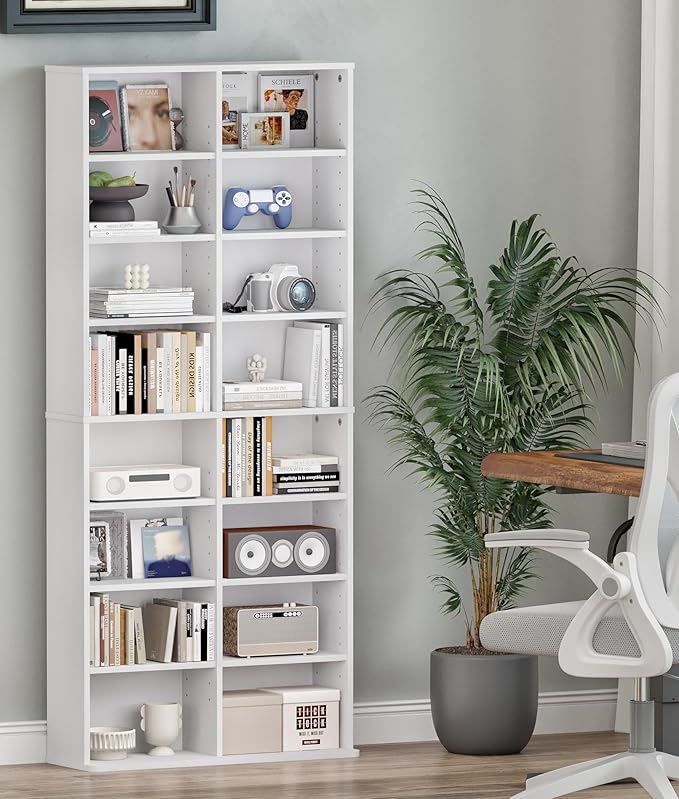 DVD Tower Storage Rack, 16-Shelf Media Storage Shelves with Adjustable Shelves 8-Tier DVD Stand Tower for Living Room Home Office
