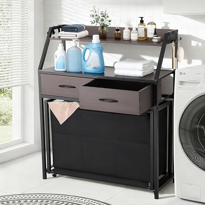 Laundry Hamper with Shelf, 2 Tier Rolling Laundry Hamper 3 section, Laundry Sorter Basket with Wheels, Pull-Out Removable Large Bags, Metal Frames, Wood Drawers for Bathroom, 120L, Rustic Brown