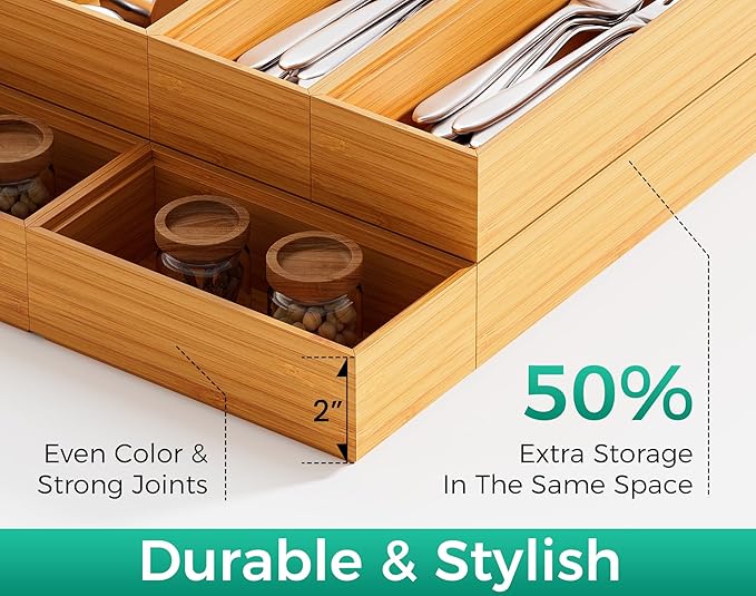 Bamboo Kitchen Drawer Organizer Set of 2, Stackable 12" x 6" Wood Silverware Utensil Tray for Drawers Bins, Cutlery & Flatware Storage – Wooden Boxes Organizers for Junk Drawer, Bathroom, RV