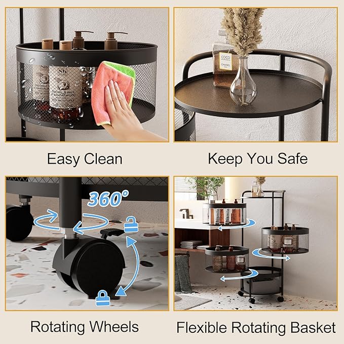 Rotating Kitchen Storage Rack No Assembly, 4-Tier Round Metal Storage Basket Shelves,Rotating Tower Organizer with Rolling Wheels with 4 Drawers for Fruit Vegetable Grocery(4-Tier, Black)