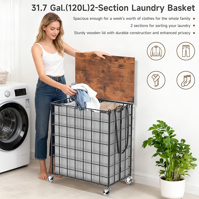 Laundry Basket with Wheels, Heavy Duty Laundry Sorter 2 Sections, Large Capacity 120L (32Gal.) Laundry Hamper with Wood Lid, 360 Rolling Wheels, Extra Side Pocket, Leather Pull Handle, Grey