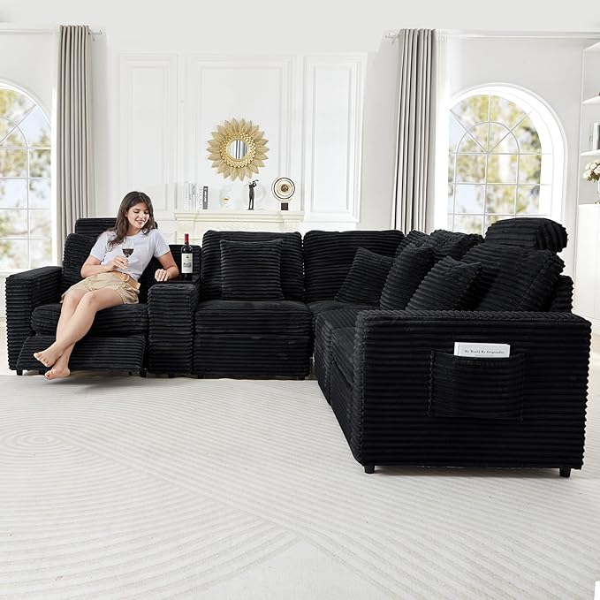 LEVNARY Modular Sofa Armrest Set of 2 with Side Storage Pockets, Faux Rabbit Fur Upholstered Arm Panels, Compatible with Modular Recliner System (Black)