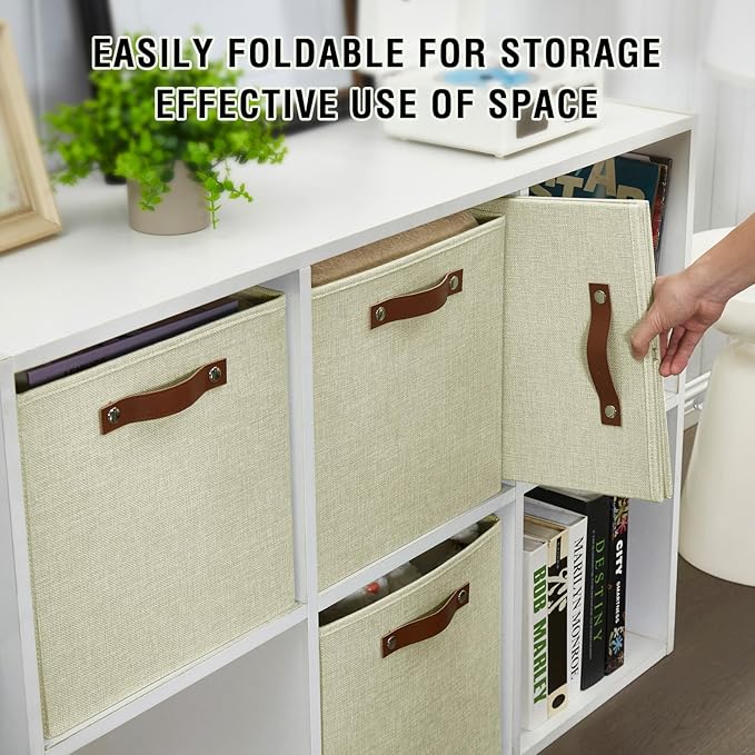 Bagnizer Collapsible Fabric Storage Cube Bins with 2 Reinforced PU Handles, Foldable Storage Organizer Baskets for Closet, Shelves, Living Room | 13"x13"x13", 4 Pack, Full Beige