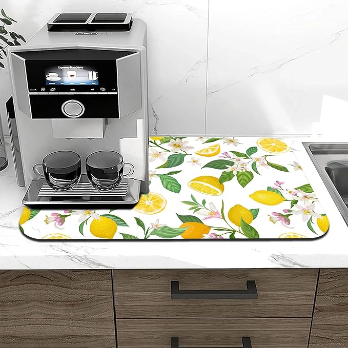 Lemon Floral Coffee Drying Mat 12" x 19", Non-Slip Absorbent Quick-Dry Mat, Coffee Station Accessory for Countertop Protection Decor