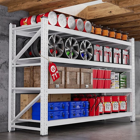 71”W Garage Shelving Units, 5000LBS Storage Shelves Heavy Duty, 24" Deep Metal Shelving Rack, 4 Tier Large Tall Industrial Shelving , Adjustable Standing Shelf for Warehouse / Shop 71"W x 24"D x 70"H