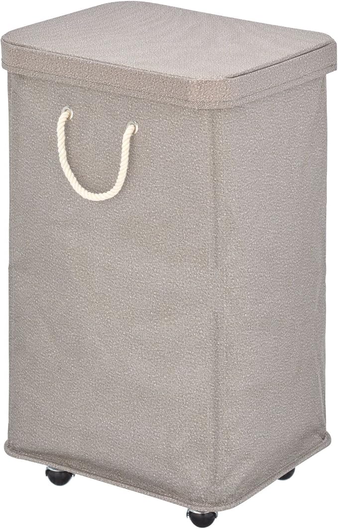 mDesign Large Polyester Rolling Laundry Hamper with Wheels, Removable Lid, and Rope Carrying Handles - Collapsible Hampers with Wheels for Compact Storage - Tall Single Compartment Basket - Taupe