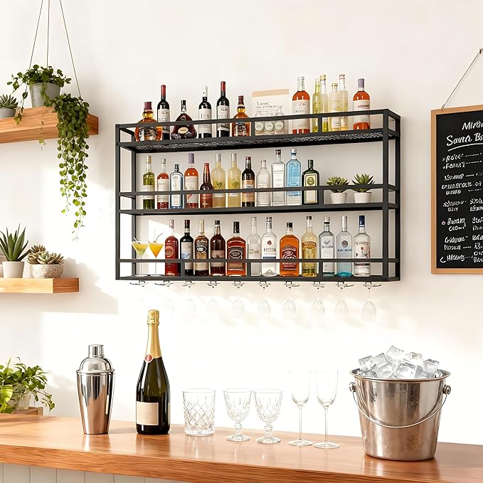 59" Large Wine Rack Wall Mounted with Bottle Glass Holder, 3-Tiers Metal Bar Shelves for Liquor Bottles with LED Light, Wall Wine Rack for Home, Restaurant, Commercial Bar, Kitchen Storage Display