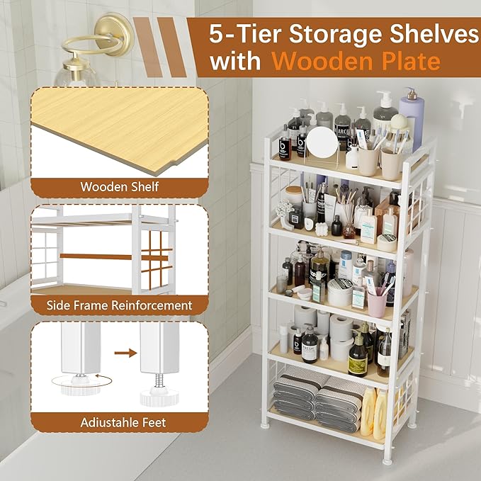 GIOTORENT 5-Tier Kitchen Storage with Wooden Boards, Heavy Duty Storage Shelves & Bookshelf, Adjustable Metal Shelving Unit for Garage Kitchen Bathroom Laundry Organizer, 750LB Capacity, White