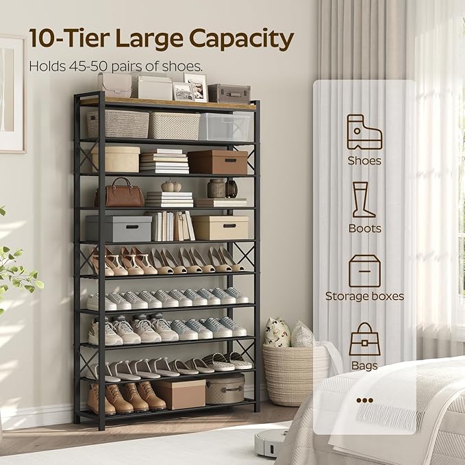 YATINEY 10-Tier Shoe Rack, 39.4" L Shoe Shelf for 45-50 Pairs of Shoes, Tall Shoe Storage Organizer with Metal Frame, Large Capacity Shoes Rack for Entryway, Closet, Rustic Brown and Black SS39BR