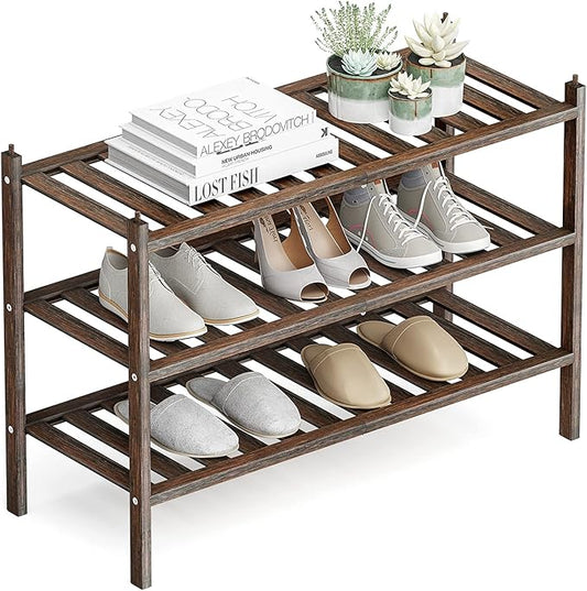 Dranixly Shoe Rack, 3-Tier Bamboo Stackable Shelf Storage Organizer, Stand for Closet, Entryway, Hallway, Bathroom and Living Room（Mocha）