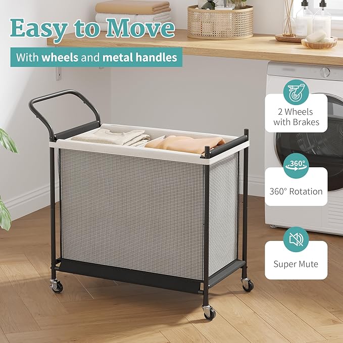 Laundry Hamper with Wheels - 2 Section Laundry Basket 160L, Removable Washable Bags, Height-Fitted Rolling Laundry Cart for Laundry Room & Bedroom