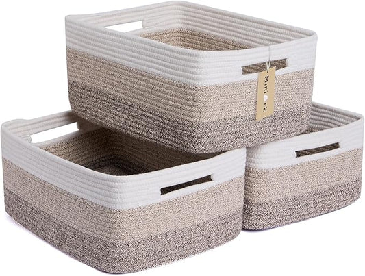 MiniArk Large Storage Baskets for Organizing, Closet Shelf Baskets for Clothes Blanket Towels, Baby Nursery, Toy Bins Box, Woven Rope Basket, 17 x 13 x 7.5”, 3 Packs Gradient Brown