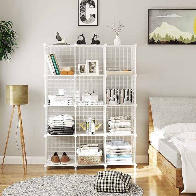 AWTATOS Wire Cube Storage Organizer, Closet Organizers and Storage, Metal 12 Cube Storage Shelves Bookshelf, Portable Closet Clothes Organizer for Bedroom, Home, Office, White