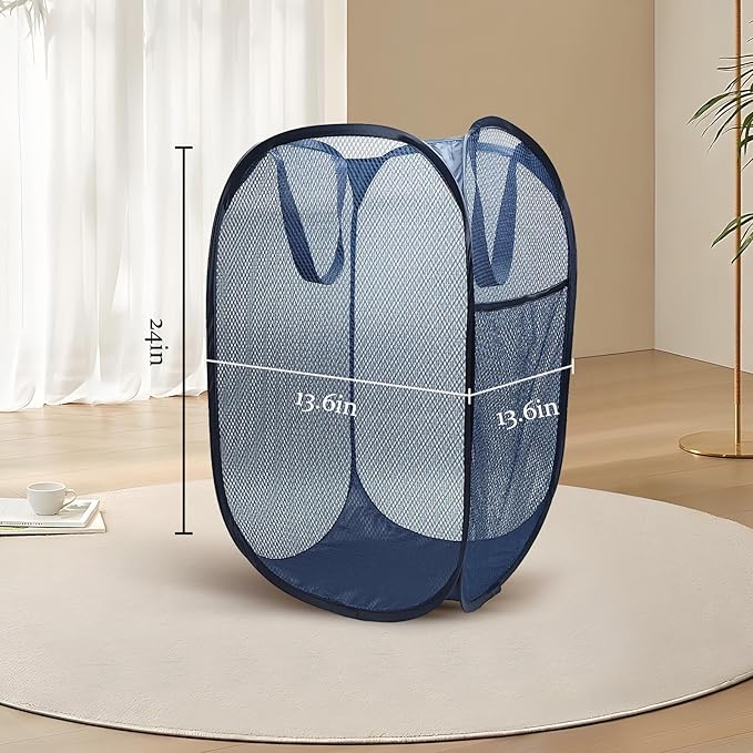 Pop up hamper, the upgraded laundry basket with breathable side pocket mesh. Ideal for room, apartment, dormitory, travel, business trip & kids storage (1, Dark blue)