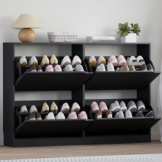 BORNOON Shoe Cabinet with 4 Flip Drawers, Narrow Hidden Shoe Storage Cabinet, Slim Freestanding Shoe Rack Organizer for Entryway, Hallway, Bedroom, Living Room