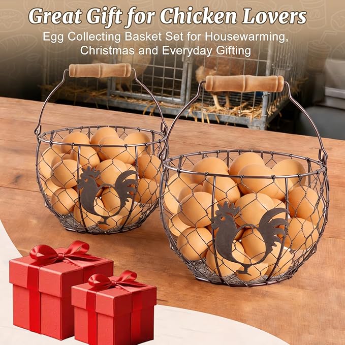 Consevisen Egg Basket for Gathering Fresh Chicken Eggs, 2 Pack, Metal Wire Basket with Wooden Handle, Collecting and Storage Holder for Kitchen Countertop with Vintage Farmhouse Rooster Decor, Round