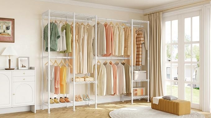 Higeego H7 Pro Heavy Duty Clothes Rack Large Garment Rack for Hanging Clothes, Freestanding Wardrobe Closet with Expandable Hanger Rods, Closet Organizer Storage, (79.1"-96.9") Lx15.7 Wx75.4 H, White