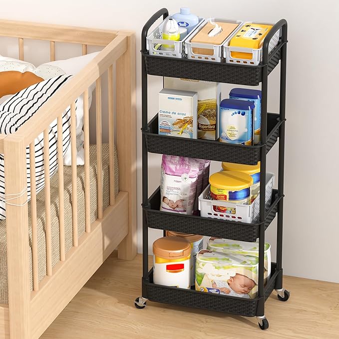 MOYIPIN 4-Tier Plastic Rolling Utility Cart with Handle, Utility Storage Cart for Office, Living Room, Kitchen, Movable Storage Organizer Shelves, Black