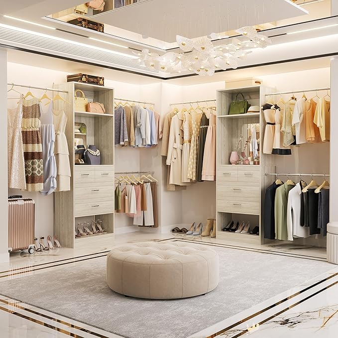Unikito 8FT Closet System, Customizable 96” Closet Storage Organizer with 25” Tower and 3 Extendable Hanging Rods (Can Be Cut to Fit), Heavy Duty Clothing Racks with 4 Drawers and Shelves, White Oak