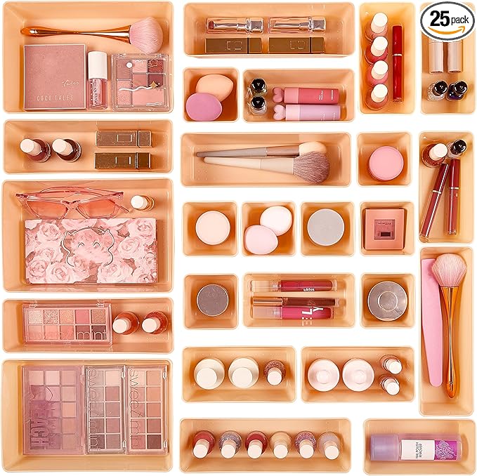 Vtopmart 25 PCS Plastic Drawer Organizers Set, 4-Size Versatile Bathroom and Vanity Drawer Organizer Trays, Storage Bins for Makeup, Bedroom, Kitchen Gadgets Utensils and Office