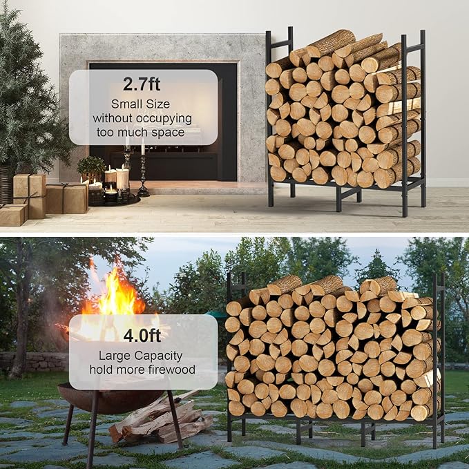 4FT Firewood Rack Indoor Outdoor, Heavy Duty Log Holder Stand for Fireplace, Adjustable Wood Storage Organizer with Weather-Resistant Tubular Steel, Cradle for Kindling & Stacking Logs