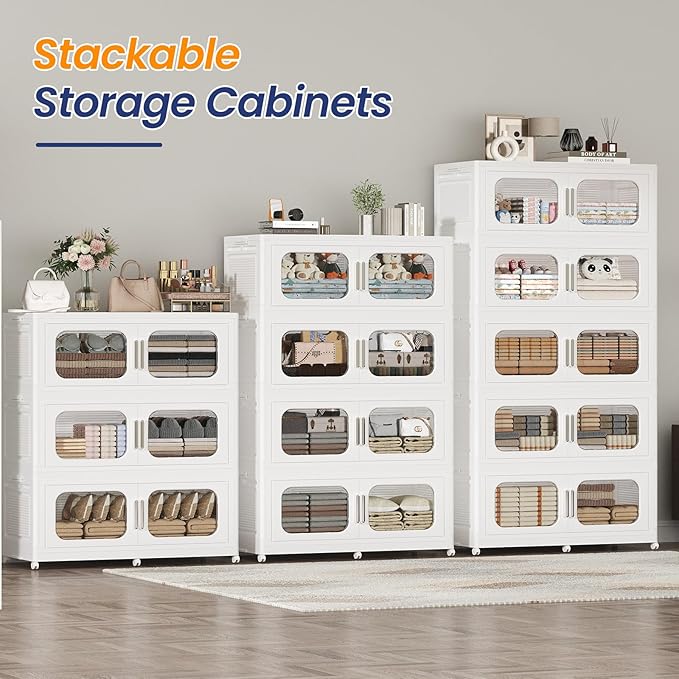 250Gal Extra Large Stackable Storage Bins with Lid & Wheels & Doors, 200QT/50GAL 5-Tiers Collapsible Closet Organizers Plastic Containers Drawers Boxes for Home Kitchen Bedroom, White