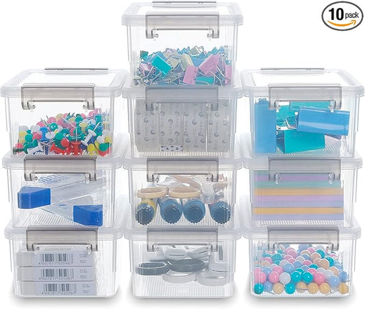 Citylife 0.53 QT 10 Packs Small Storage Bins Plastic Storage Container Stackable Box with Lids for Organizing, Clear White