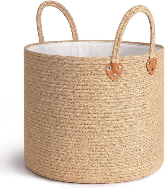 CHICVITA 50L Blanket Basket Living Room, Wicker Laundry Baskets for Home Decor, Baby Toy Basket with Handles, Large Nursery Hamper for Blankets Towels Clothes, 16" X 16" X 14", Jute Brown