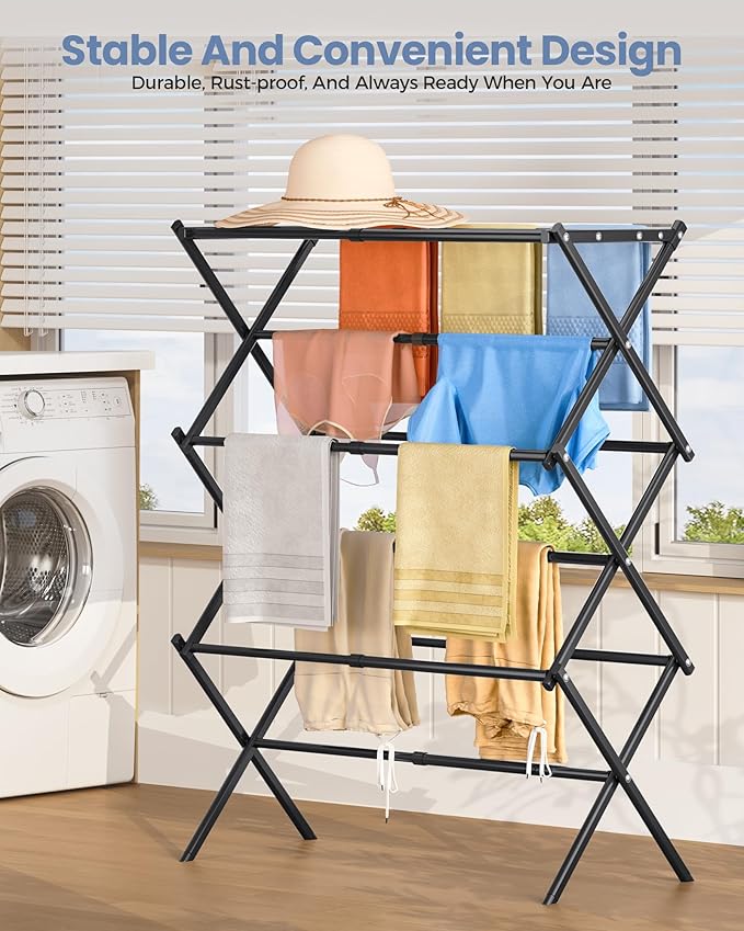 APEXCHASER Clothes Drying Rack, 3-Tier Laundry Drying Rack for Clothes, Expandable Metal Clothing Dryer, Collapsible Towel Rack, Air Drying Rack, Black