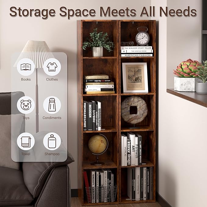 Cube Storage Organizer, 5 Cube Retro Bookshelf, Freestanding 5 Tier Open Shelf, Rustic Brown Retro Shelves for Home Office, Bedroom, Living Room, Study