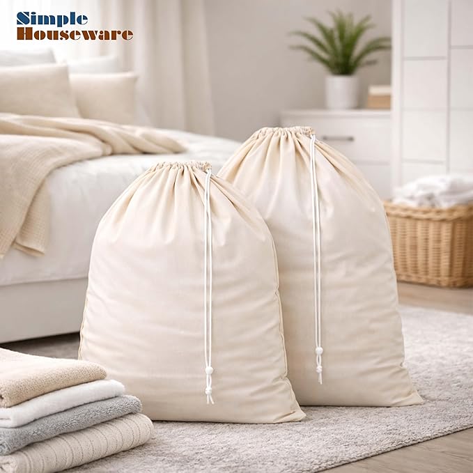 Simple Houseware Extra Large Natural Cotton Laundry Bag, Beige (28" x 36") - 2 Pack