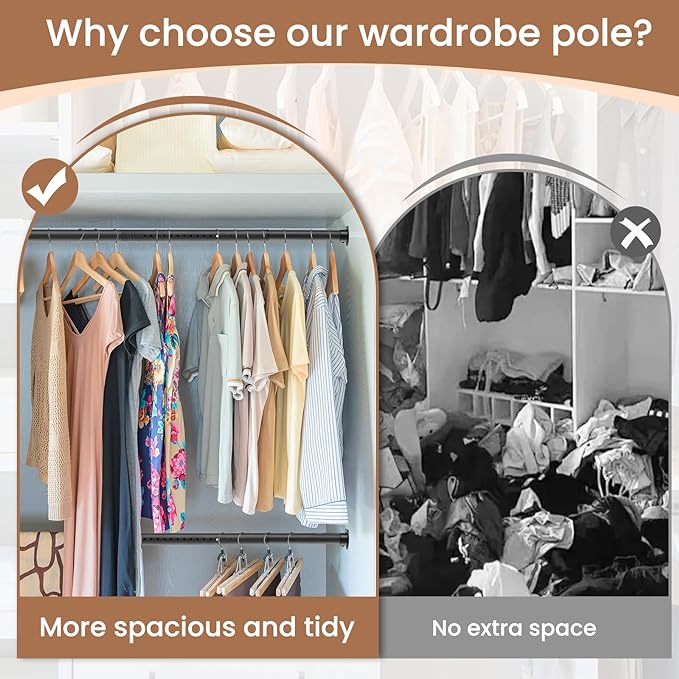Heavy Duty Closet Rods for Hanging Clothes, Metal Black 1.3 Inch Diameter Closet Rods 17-63 Inch Adjustable Clothes Hanging Bar Shower Curtain Rods for Closet, Wardrobes, Bathrooms, Windows