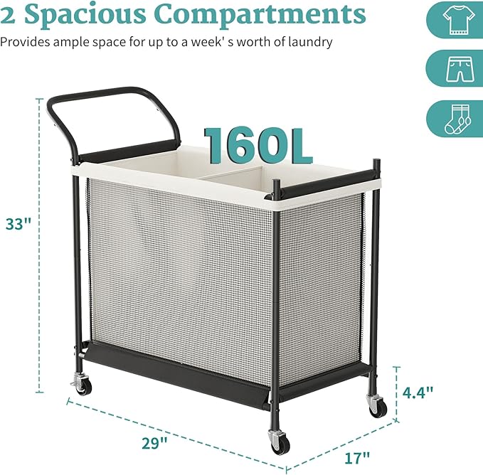 Laundry Hamper with Wheels - 2 Section Laundry Basket 160L, Removable Washable Bags, Height-Fitted Rolling Laundry Cart for Laundry Room & Bedroom