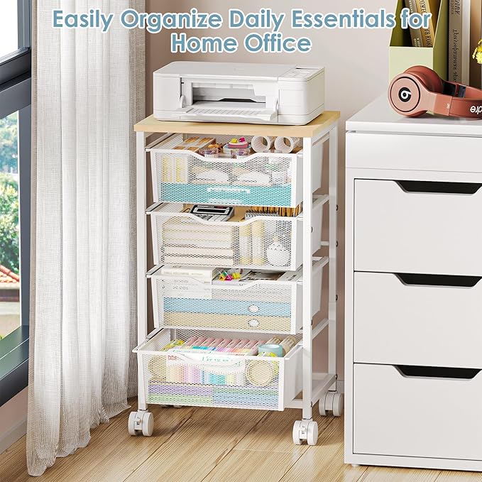 Sbanmao Utility Cart with 4 Drawers, Rolling Storage Cart, Metal Rolling Drawer Cart with Lockable Wheels and Wooden Tabletop, Craft Storage Art Cart for Living Room, Bedroom, Classroom, Office, White