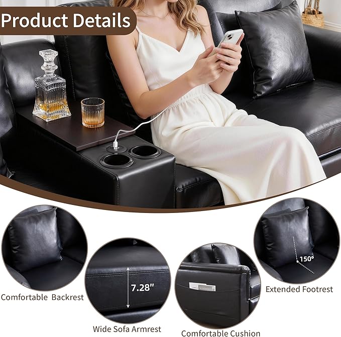 LEVNARY 2-Seater Modular Reclining Sofa with Center Console, Upholstered Faux Leather Power Recliner Loveseat with Cup Holders, USB Charging, Side Pockets & 2 Pillows, Living Room Furniture (Black)