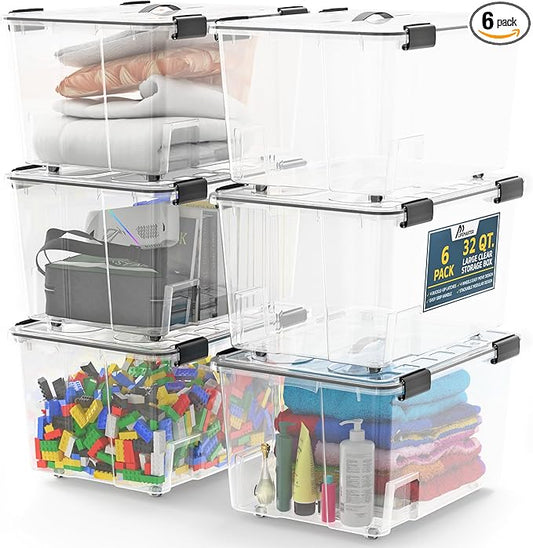 Lifemaster Stackable Storage Box Set - 6 Pieces 32 Quarts Multi-purpose, Space-Efficient Stackable Storage Boxes with Nestable Design, Secure Latches, Easy-Move Wheels & Pull-Out Base - Clear