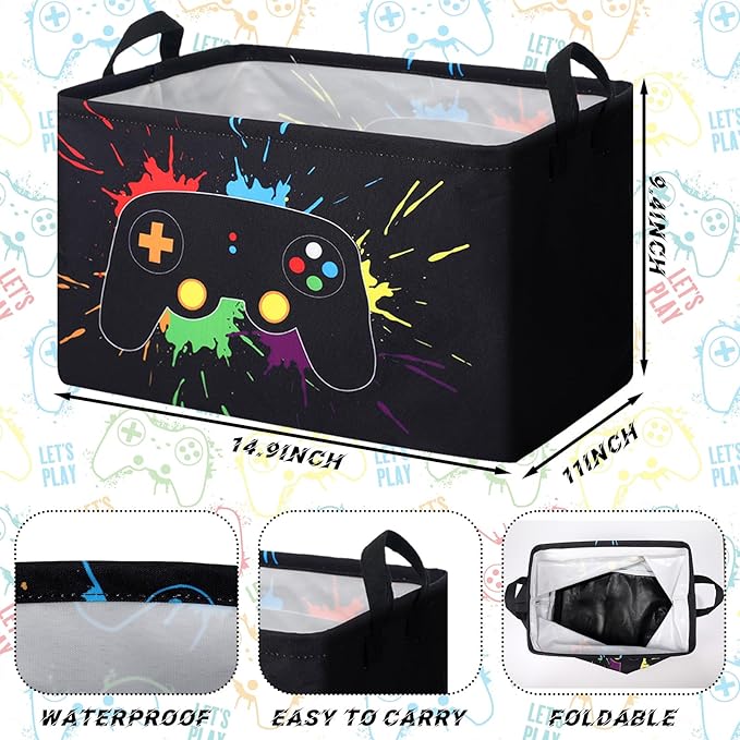 2 Pcs Gamer Laundry Basket Hamper Foldable Rectangle Kids Laundry Baskets Boys Hamper Waterproof Game Joystick Storage Basket Clothes Toys Organizer for Boys Bedroom Gifts