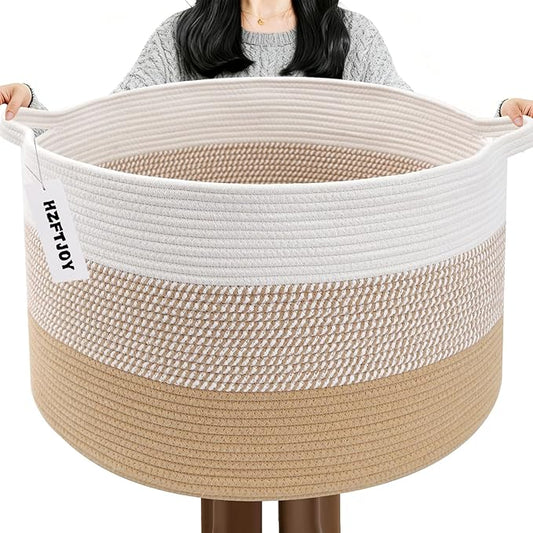 65L Large Blanket Basket, 19.7" L x 19.7" W x 13" H Cotton Rope Woven Storage Basket,Laundry Hamper for Toys, Clothes, Pillows & Towels, Perfect for Living Room, Nursery & Bedroom,Yellow