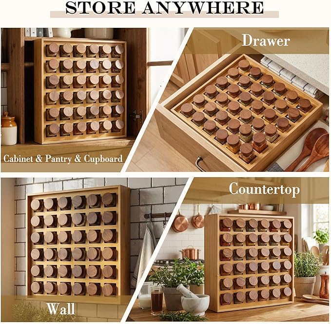 Novabright 36 Grids Bamboo Spice Rack Organizer, Wooden Spice Rack Wall Mount with Square Compartments, Wood Hanging Shelf for 4 oz Glass Jar Drawer Cabinet Kitchen Countertop Wall