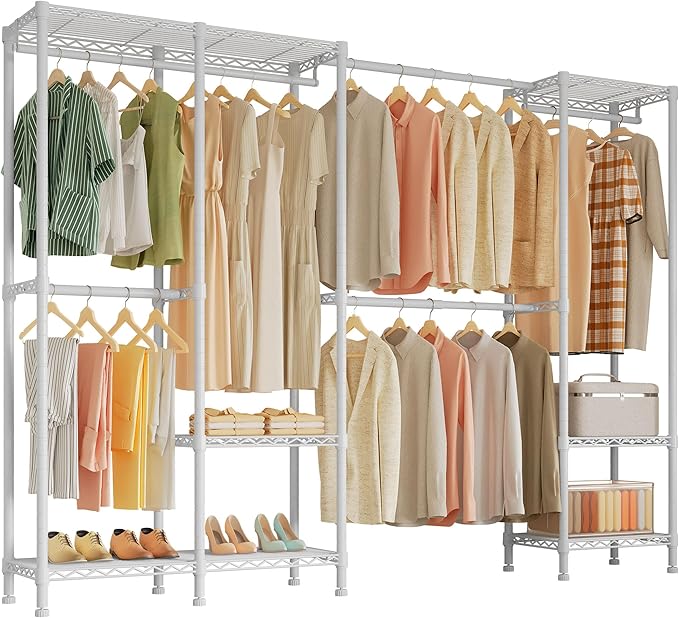 Higeego H7 Pro Heavy Duty Clothes Rack Large Garment Rack for Hanging Clothes, Freestanding Wardrobe Closet with Expandable Hanger Rods, Closet Organizer Storage, (79.1"-96.9") Lx15.7 Wx75.4 H, White