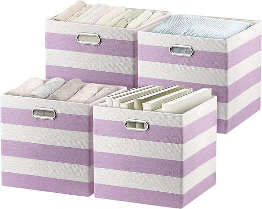 Posprica Storage Bins Storage Cubes,13×13 Collapsible Storage Boxes Containers Organizer Baskets for Nursery,Office,Closet,Shelf - 4pcs,Purple-white Striped