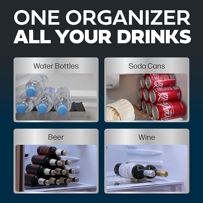 Cooks Innovations Drink Organizer for Fridge, Soda Can Refrigerator Organizers and Storage, Beer-Wine-Water Bottle Holder, Fridge Monkey - Durable Non-Slip&Roll - 2 Pack