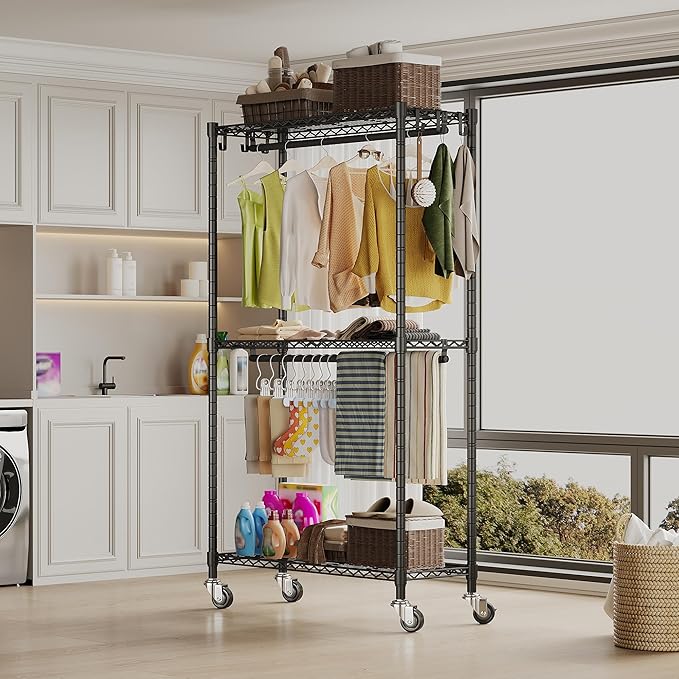 Higeego Rolling Clothing Rack for Hanging Clothes Heavy Duty Garment Rack with Wheels Metal Adjustable Shelves & Double Hanging Rods H2 Portable Closet for Bedroom, Black Coat Rack