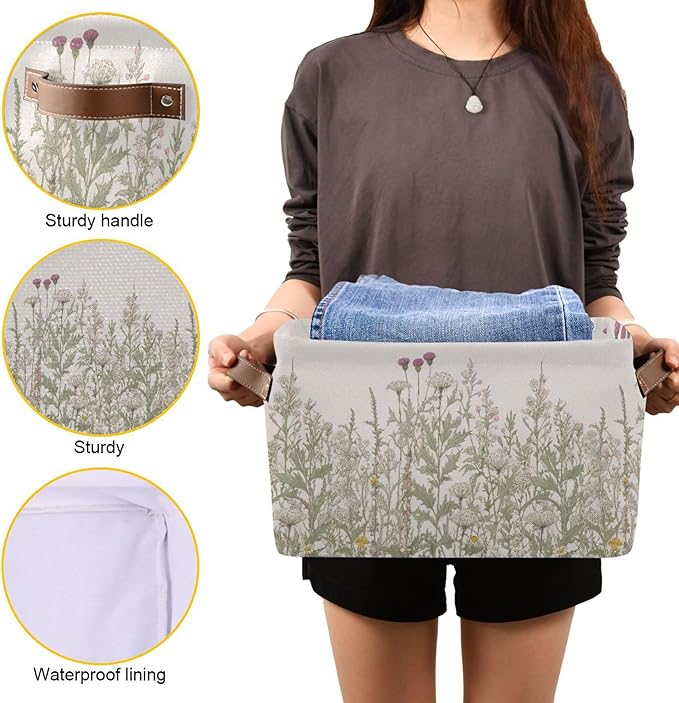 xigua Vintage Colorful Herbs Wild Flowers Floral Storage Basket Collapsible Toy Storage Bins Waterproof Canvas Storage Basket with Leather Handles for Home Closets Offices,Bedrooms,Kids Toy and Gift