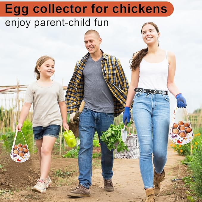 Egg Collecting Basket, Canvas Egg Basket for Gathering with 7 Pouches for Chicken, Duck, Goose, Bird, Various Poultry Collection (Cartoon Chicken Style 3)