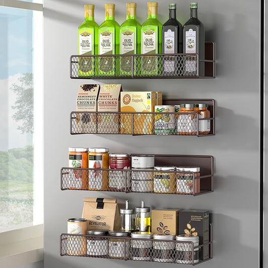 DTUQYX Magnetic Spice Rack for Refrigerator, 4 Pack 100% Metal Strong Magnet Fridge Shelves, Space Saving Spice Organizer, No Drilling Moveable Home Kitchen Laundry Room Storage Organization, Brown