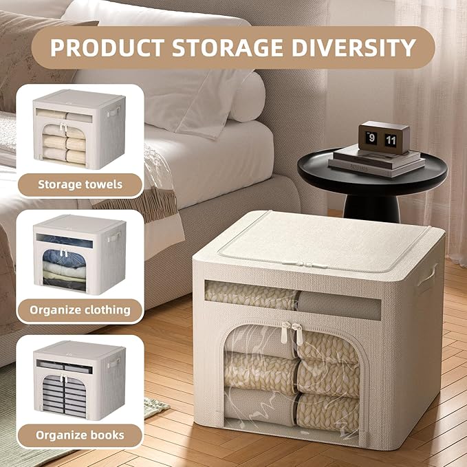 FHSQX 6 Pack Foldable Storage Bins for Clothes Clothes Storage Bins with Metal Frame Stackable Storage Box with Lid (Cream White, 16.5x12.2x12.2 inch (40L))